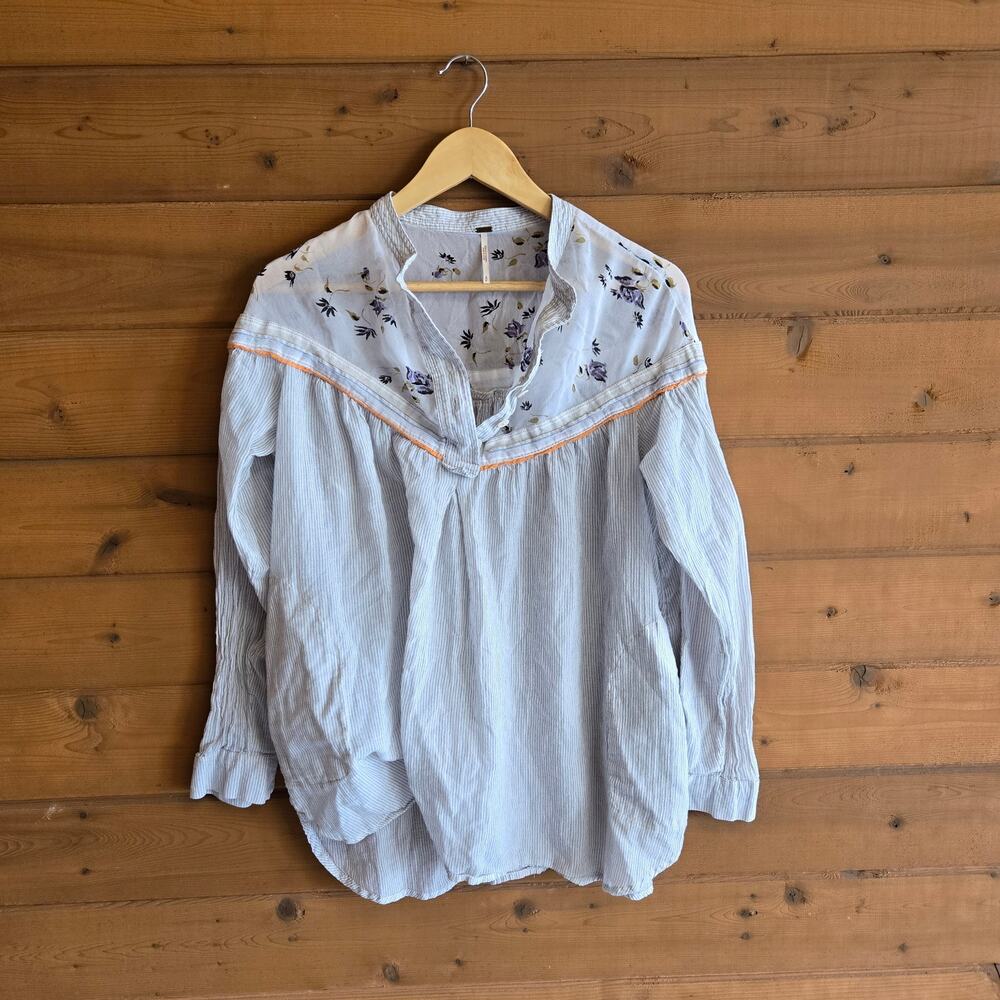 Free People Top Blouse Floral Hearts Colors Chiffon Cottagecore Small Boho Shirt - Picture 2 of 5